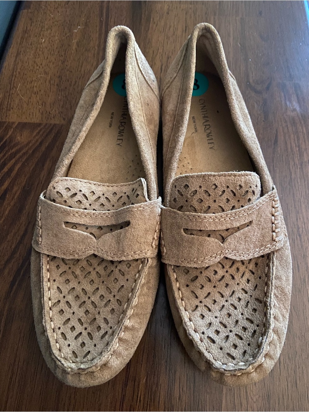 Cynthia Rowley Taupe Suede Perforated Penny Loafers
